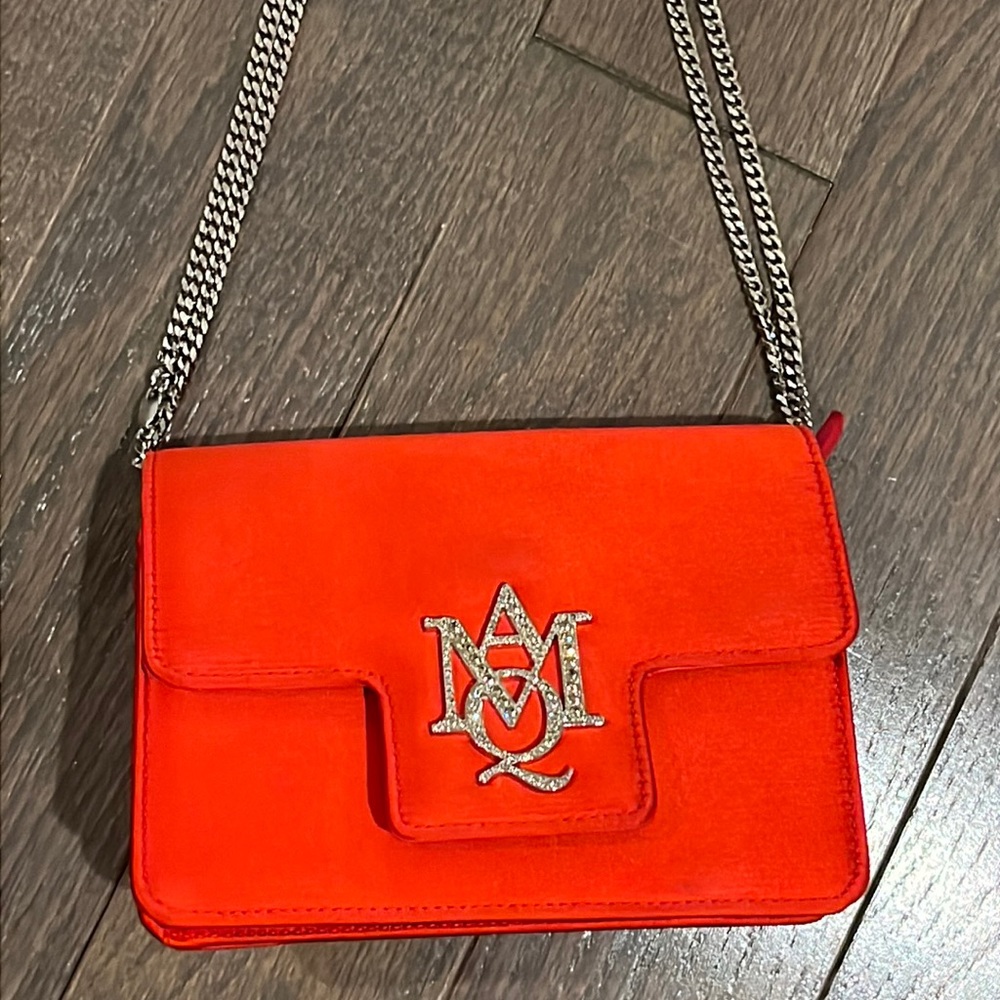 Alexander McQueen Red Suede Crossbody Bag with Silver Chain